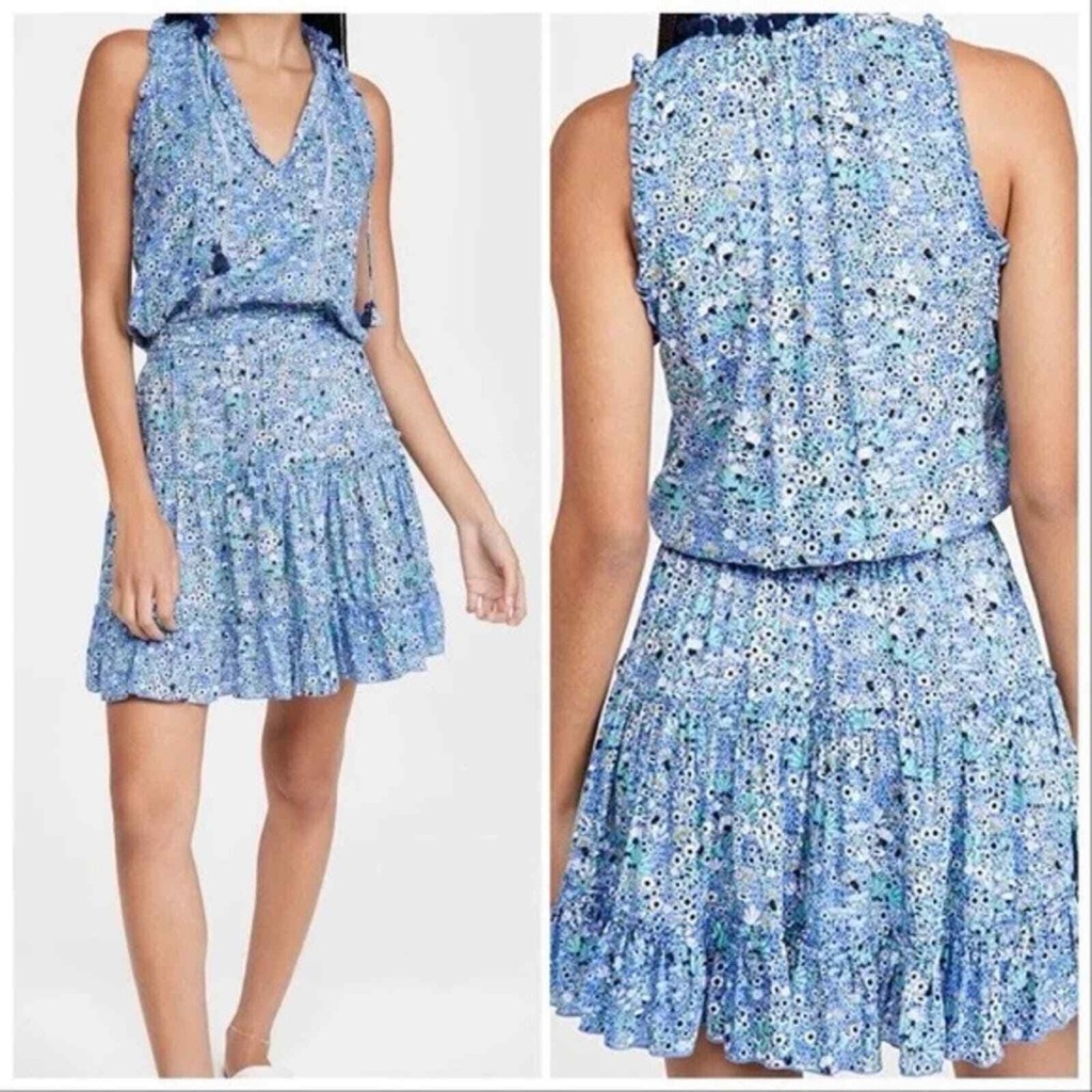 Nwt Poupette St. Barth Clara Ruffle Pom Tassel Mini Dress In Blue Floral